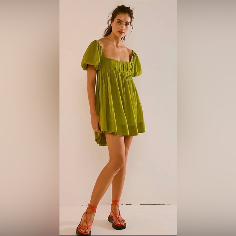 FREE PEOPLE Marina Tie Back Cotton Crinkle Babydoll Mini Dress Gilded Lime Sz: L